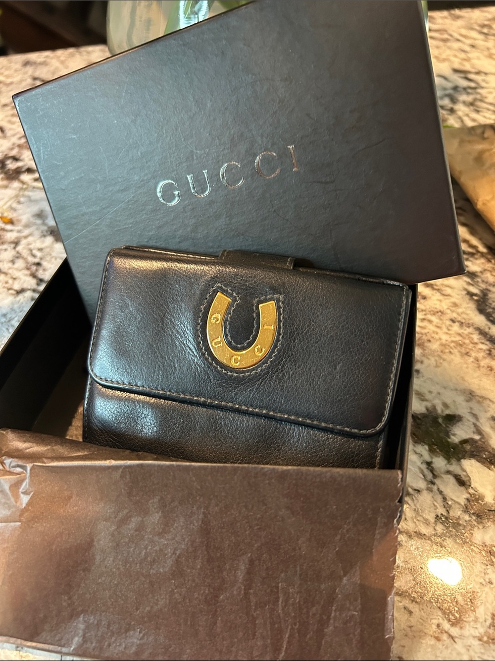 Gucci Black Leather Card & Key Holder with Gold Horseshoe Accent